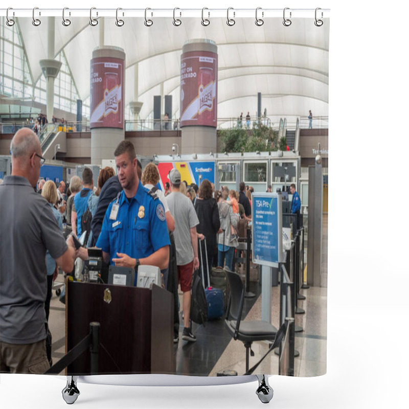 Personality  TSA Agent Passes Man Through Security Checkpoint At Denver International Airport Shower Curtains