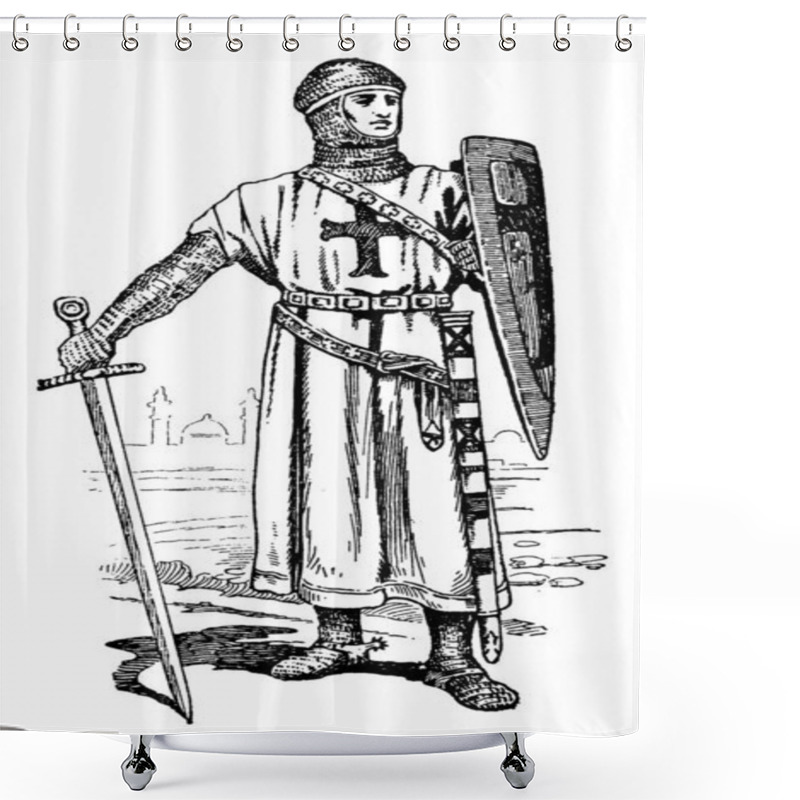 Personality  The Costume Of A Knight Of The First Crusade. Showing Three Images Of Knight In Full Costume, Vintage Line Drawing Or Engraving  Shower Curtains