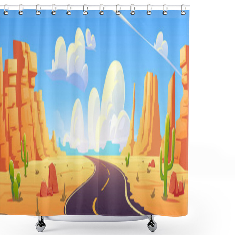 Personality  Western Canyon Road Perspective. Vector Cartoon Illustration Of Sandy Desert With Huge Rocks, Stones And Cacti Along Curvy Highway, Nevada Landscape, Summer Travel, Fluffy Clouds In Blue Sunny Sky Shower Curtains