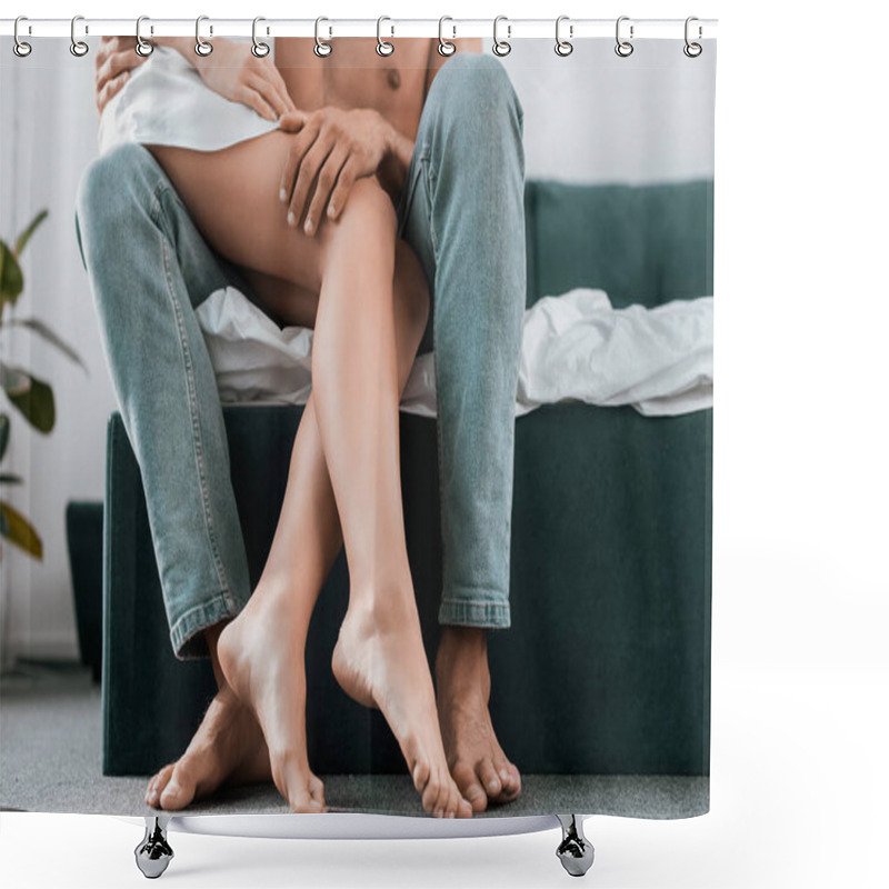 Personality  Cropped Shot Of Couple In Sitting On Bed Together Shower Curtains