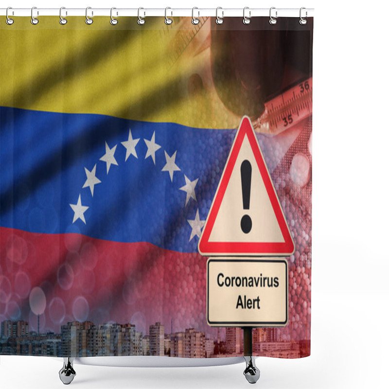 Personality  Venezuela Flag And Coronavirus 2019-nCoV Alert Sign. Concept Of High Probability Of Novel Coronavirus Outbreak Through Traveling Tourists Shower Curtains