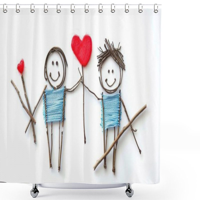 Personality  Two Whimsical Stick Figures Crafted From Twigs And Yarn, Holding Hearts, Symbolizing Love And Friendship. Shower Curtains