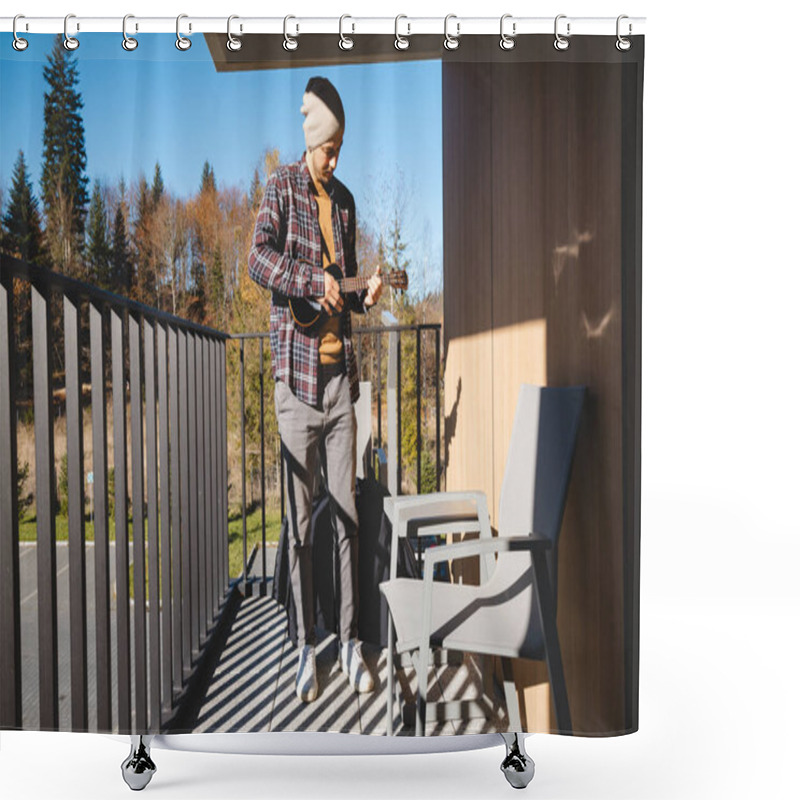 Personality  Young Musician Stands On A Sunlit Balcony, Playing The Ukulele While Gazing Into The Distance. Surrounded By Autumn Trees And Fresh Air, He Enjoys A Peaceful Moment Of Creativity And Self-expression, Shower Curtains