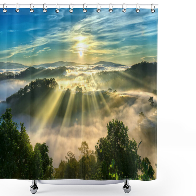 Personality  Sunrise Over Hillside A Pine Forest With Long Sun Rays Pass Through Valley With Pines Yellow Sunny Mornings This Place More Lively, Warm And Tranquil Welcome To Beautiful New Day Shower Curtains