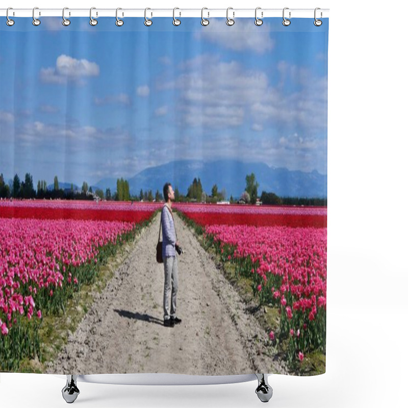 Personality  Man Photographer At Colourful Tulip Fields. Shower Curtains