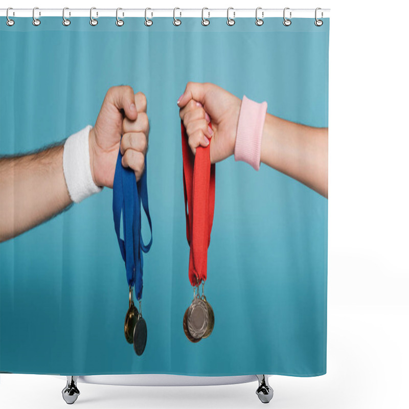 Personality  Cropped View Of Man And Woman Holding Medals On Blue Shower Curtains