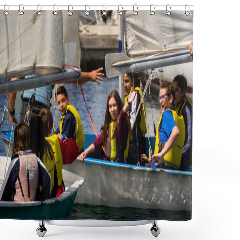 Personality  Palamos, Catalonia, May 2016: Children Learning To Sail On Yacht Shower Curtains