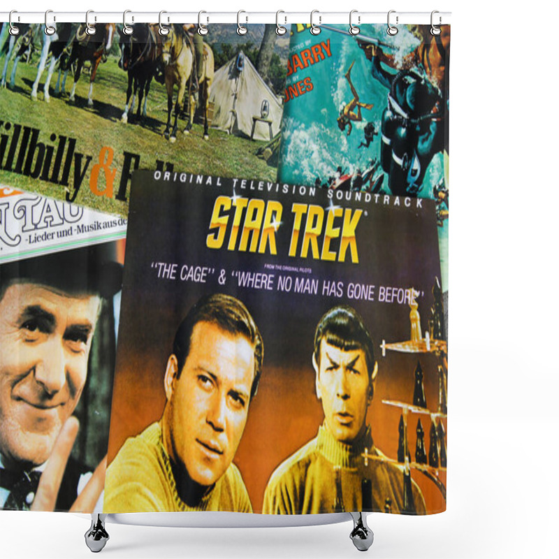 Personality  Viersen, Germany - 3. January 2020: Close Up Of Old Movie Soundtrack Vinyl Record Album Covers With Focus On Star Trek Shower Curtains