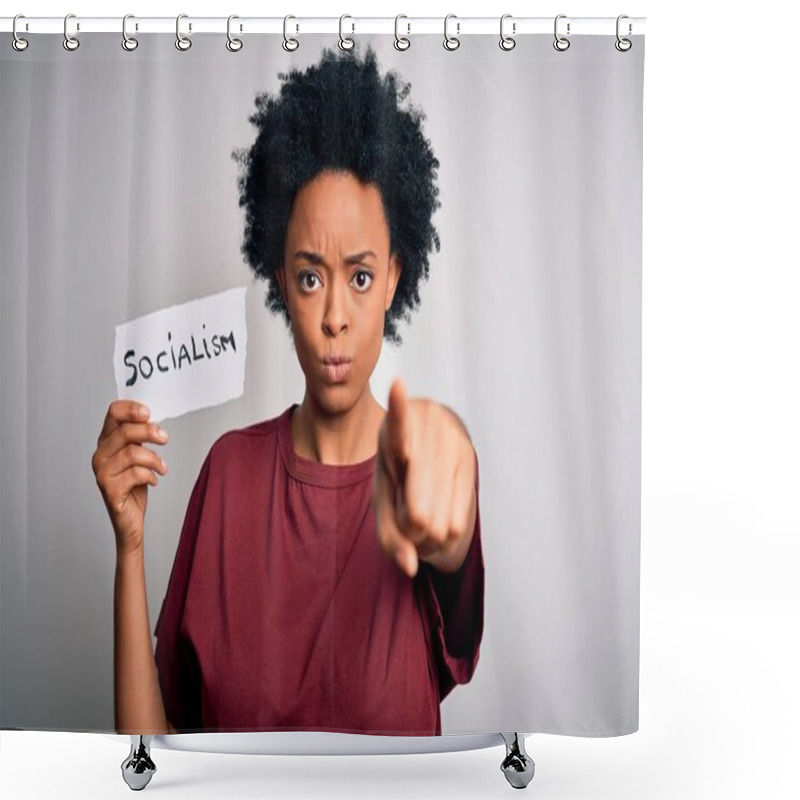 Personality  Young African American Afro Politician Woman With Curly Hair Socialist Party Member Pointing With Finger To The Camera And To You, Hand Sign, Positive And Confident Gesture From The Front Shower Curtains