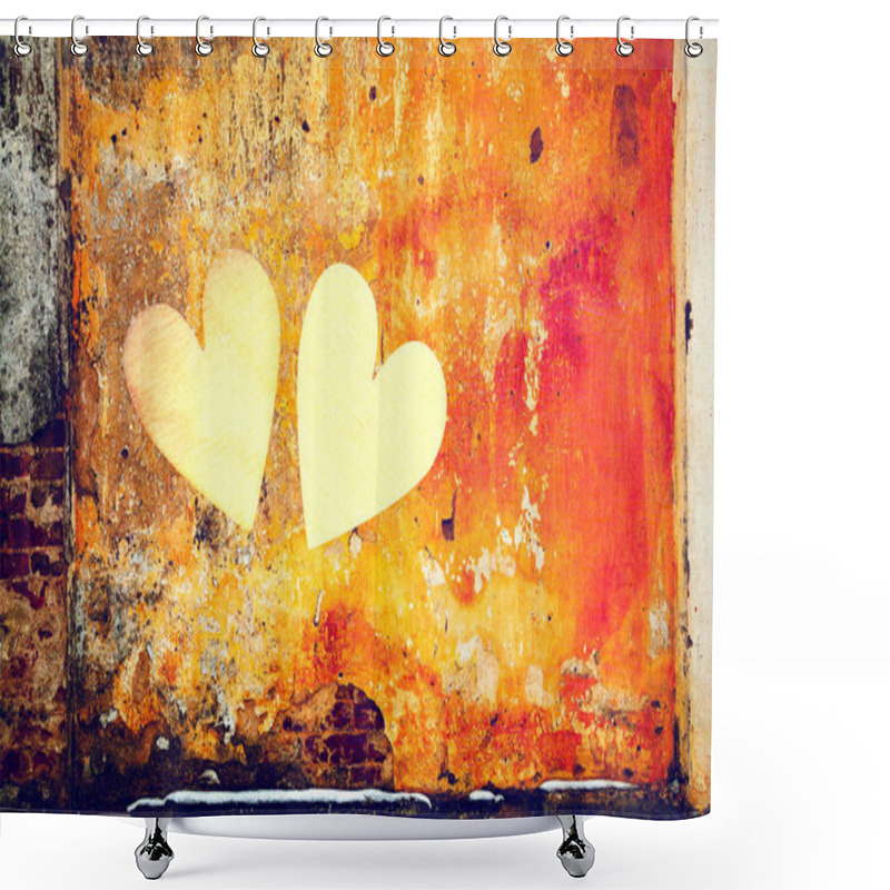 Personality  Symbols Of Love - Hearts On A Grunge Background. Multi Exposure Of Hearts And Old Concrete Wall. Creative Art Background Shower Curtains