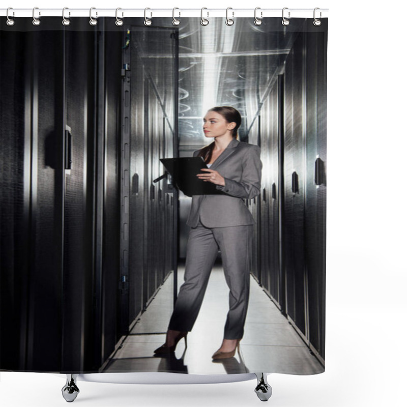 Personality  Beautiful Businesswoman Holding Clipboard While Standing In Data Center  Shower Curtains