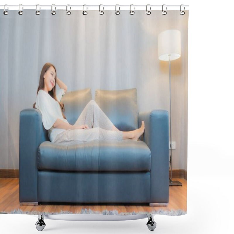 Personality  Portrait Beautiful Young Asian Woman Relax On Sofa In Living Room Interior Shower Curtains