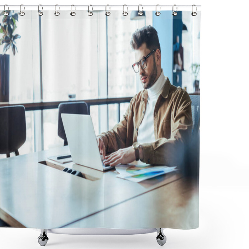 Personality  Selective Focus Of IT Worker In Glasses Using Laptop In Coworking Space Shower Curtains