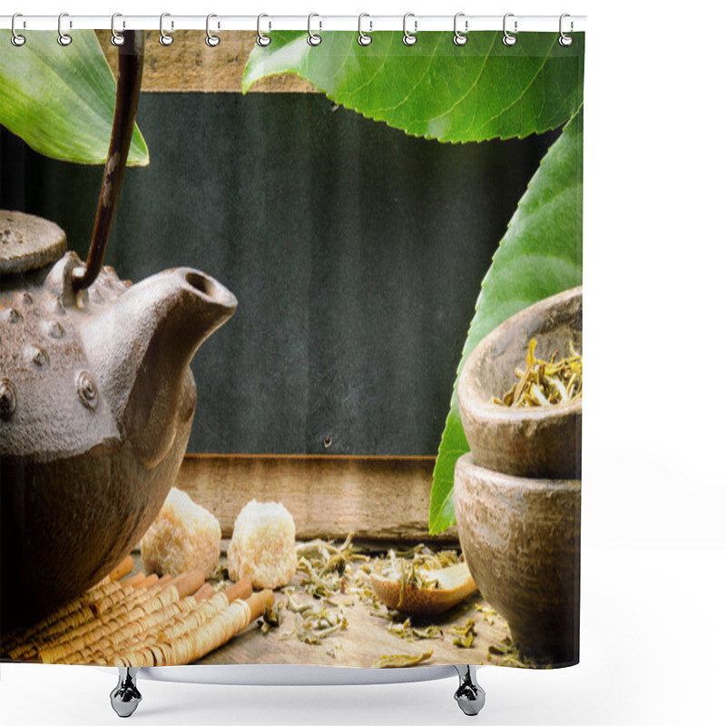 Personality  Asian Tea Set And Rustic Wooden Board Shower Curtains