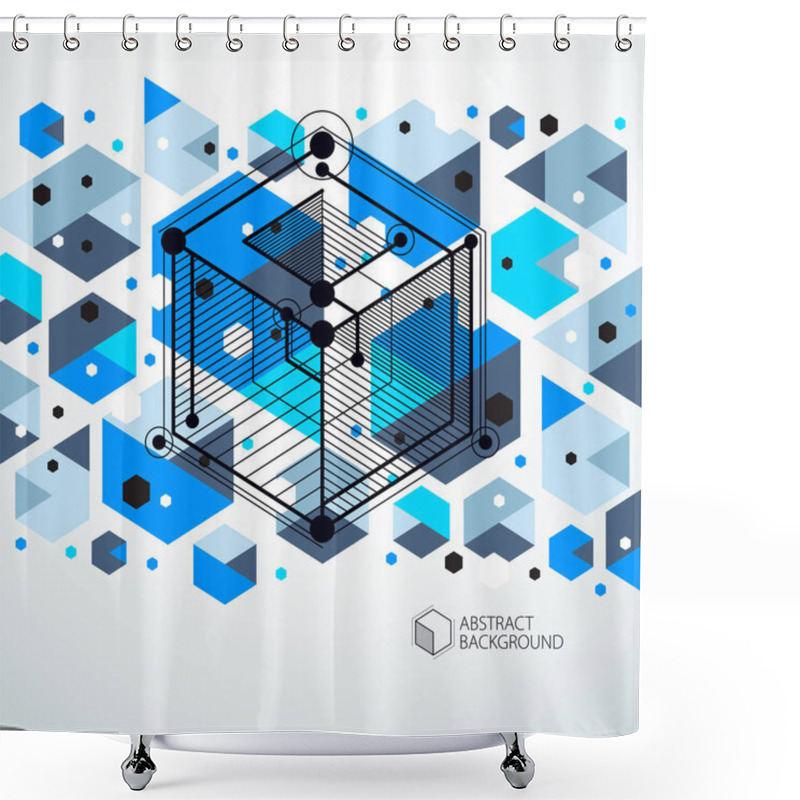 Personality  Vector Of Modern Abstract Cubic Lattice Lines Blue Background. Layout Of Cubes, Hexagons, Squares, Rectangles And Abstract Elements. Abstract Technical 3D Background. Shower Curtains