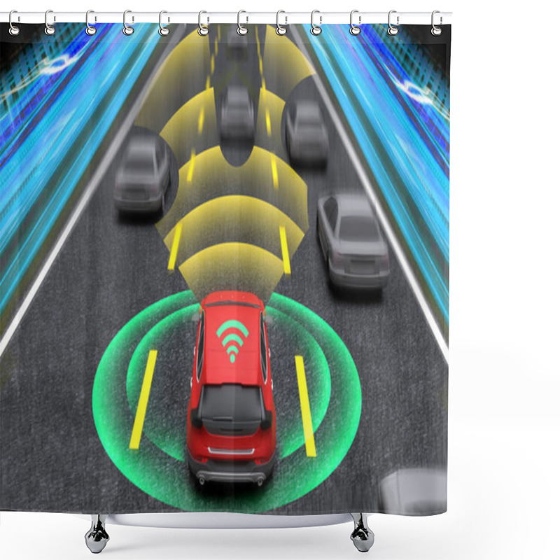 Personality  Smart Car, Autopilot, Self-driving Mode Vehicle With Radar Signal System, 3D Rendering Illustration. Shower Curtains