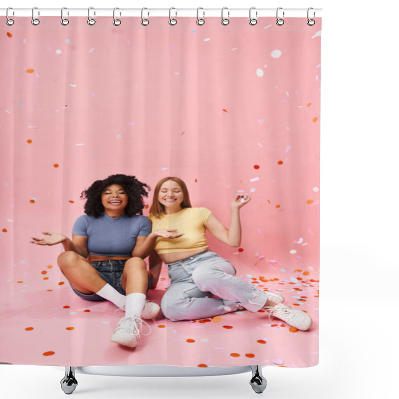 Personality  Two Diverse Women In Cozy Casual Attire Sitting On The Ground Surrounded By Confetti. Shower Curtains