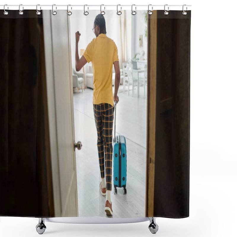 Personality  A Young African American Man Is Leaving His Space, Ready For A Journey As A Digital Nomad. Shower Curtains