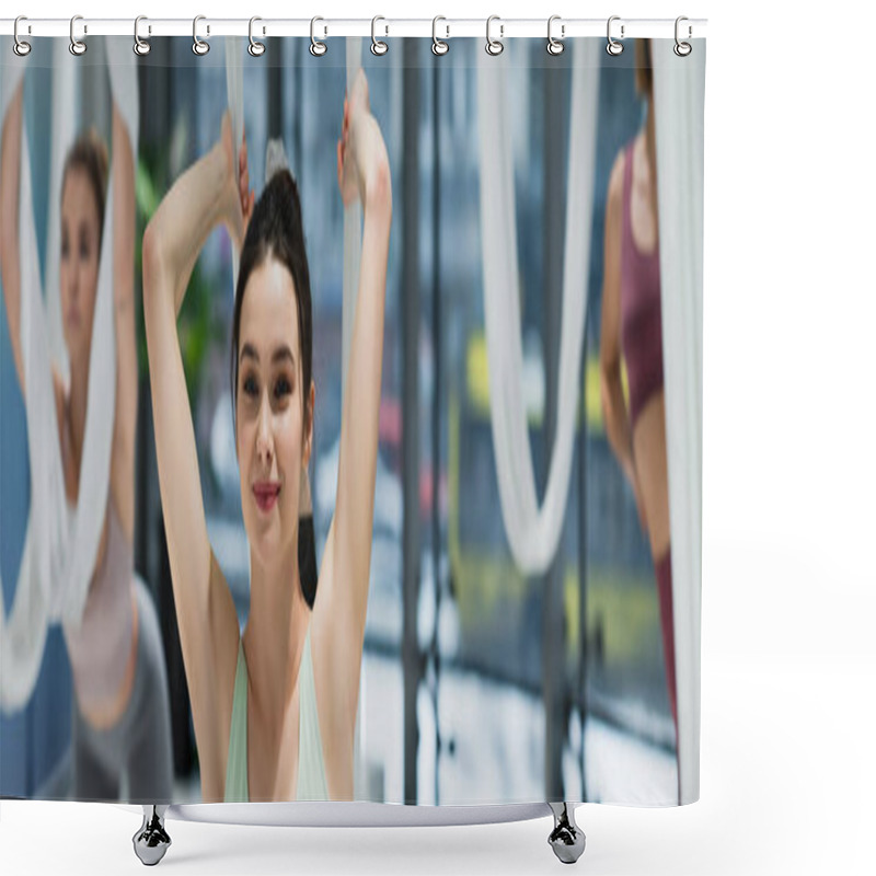 Personality  Happy Woman Exercising With Fly Yoga Hammock On Blurred Background, Banner Shower Curtains