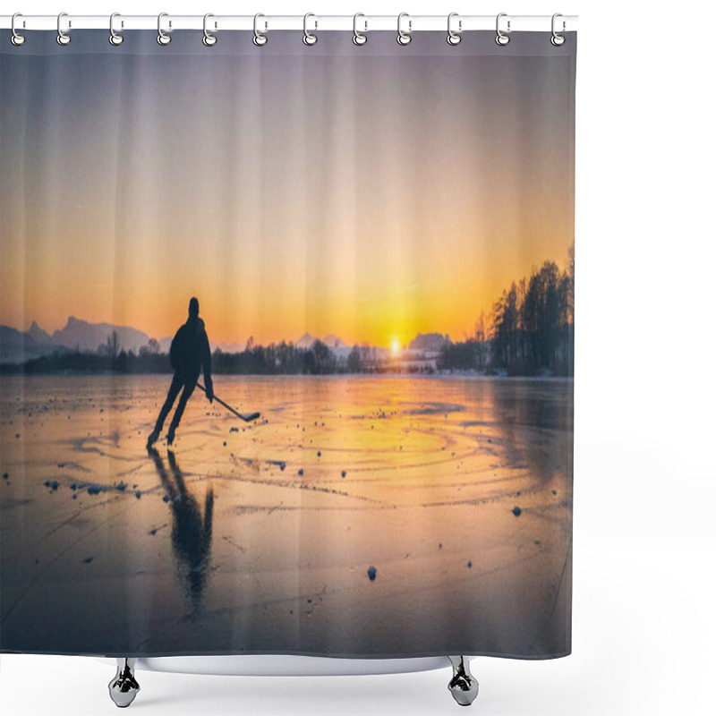 Personality  Scenic Panoramic View Of The Silhouette Of A Young Hockey Player Skating On A Frozen Lake With Amazing Reflections In Beautiful Golden Evening Light At Sunset In Winter Shower Curtains