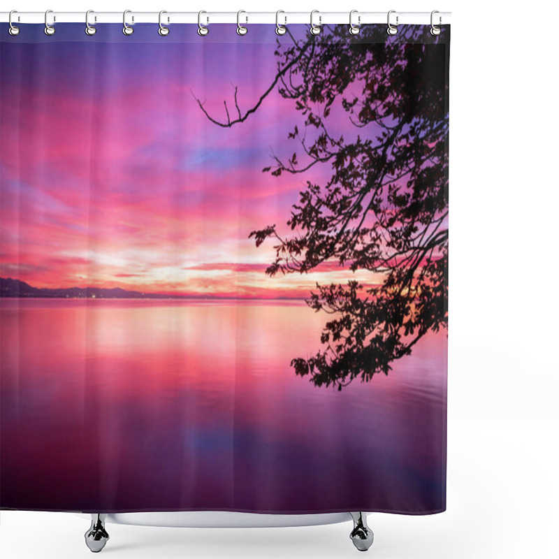 Personality  Dark Violet Clouds With Orange Sun Light And Pink Light In Wonderful Twilight Sky. Silhouettes Of Trees On The Background Of The Lake Bodensee In Lindau Shower Curtains