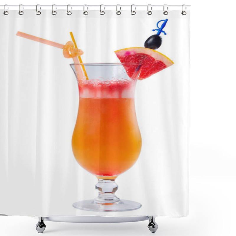 Personality  Tequila Sunrise Cocktail In A Tall Glass. Decorated With Slice Of Orange And Black Olive Shower Curtains