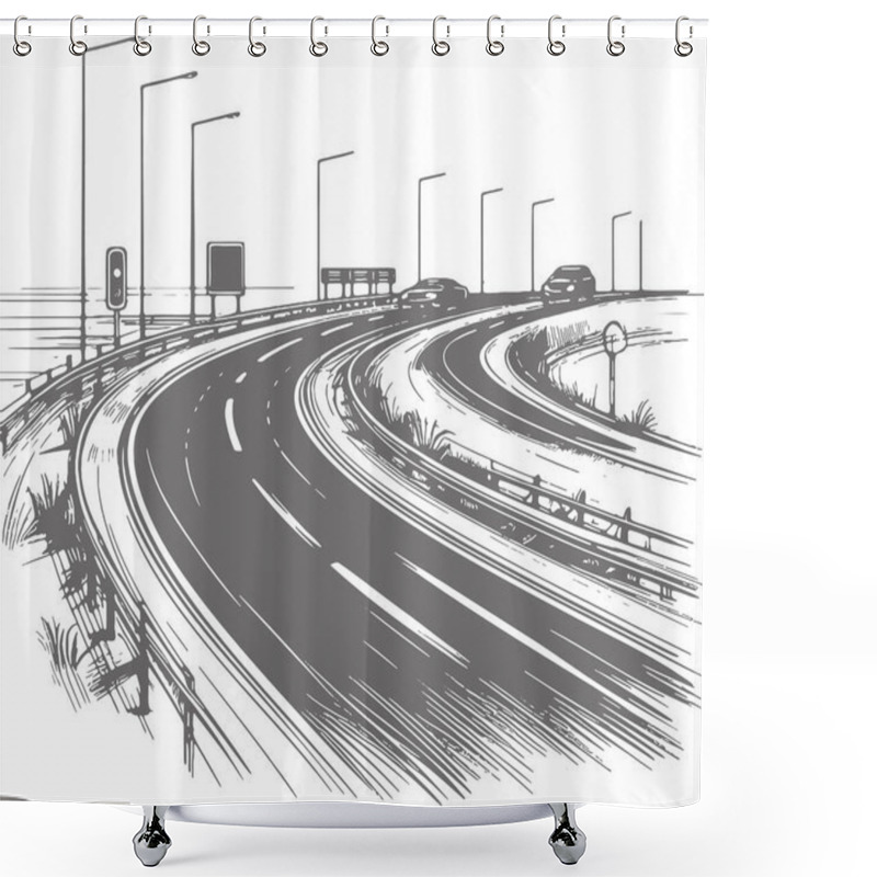 Personality  Curved Highway With Cars And Streetlights In Detailed Sketch Style Shower Curtains