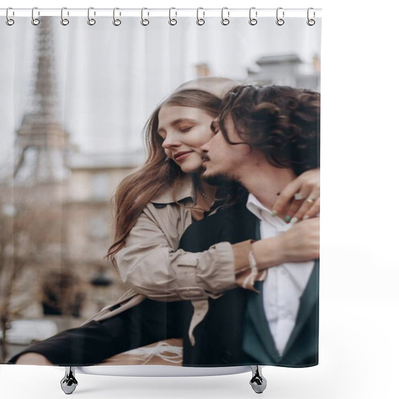 Personality  A Couple In Love Walks Along The Streets Of Paris, A Guy In A Coat And A Suit, A Girl In A Dress With A Beret And A Trench Coat In Autumn Shower Curtains