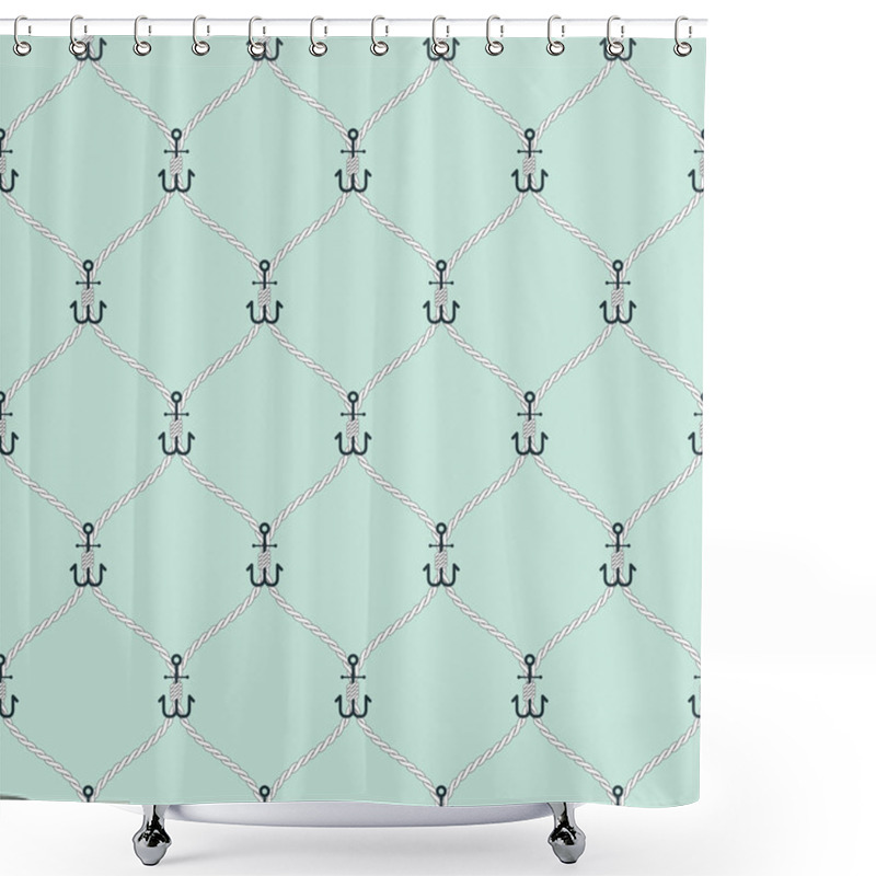 Personality  Nautical Rope And Small Anchors Seamless Fishnet Pattern Shower Curtains