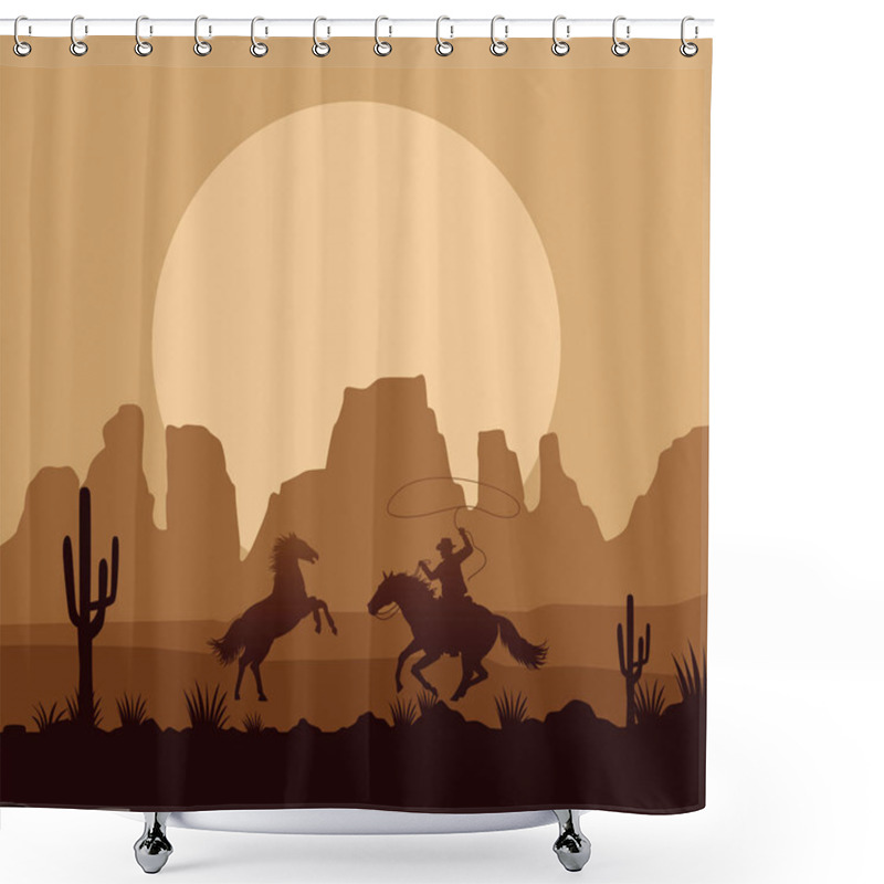 Personality  Wild West Desertic Sunset Scene With Horses And Cowboy Shower Curtains