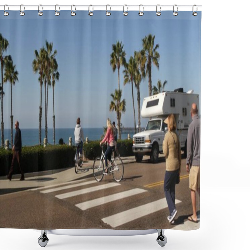 Personality  Oceanside, California USA - 8 Feb 2020: Motorhome, People Riding Bikes On Ped Crossing Zebra, Waterfront Road. Pacific Ocean Tropical Beach Tourist Resort. Palm Trees On Beachfront Street Sunny Day. Shower Curtains