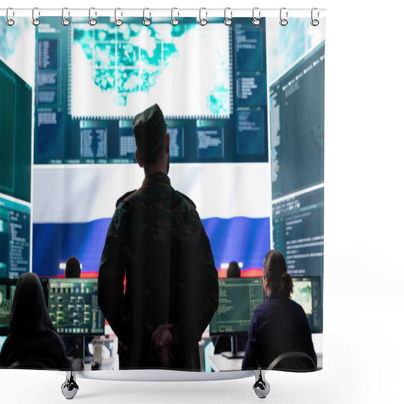 Personality  Military Expert Hacker From Russian Army Working In Governmental Operations Center, Breaking Into Rival States Network To Spread Fake News And Hybrid War Propaganda. Brainwashing Strategy. Shower Curtains