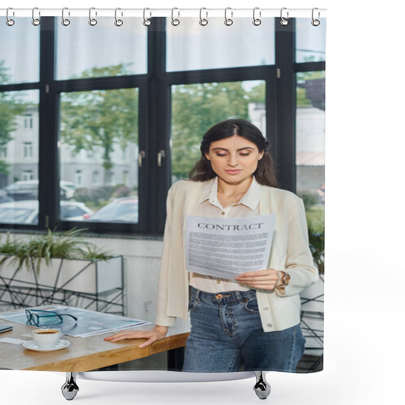 Personality  A Businesswoman Stands By A Table, Holding A Contract, In A Modern Office Setting Representing A Franchise Concept. Shower Curtains