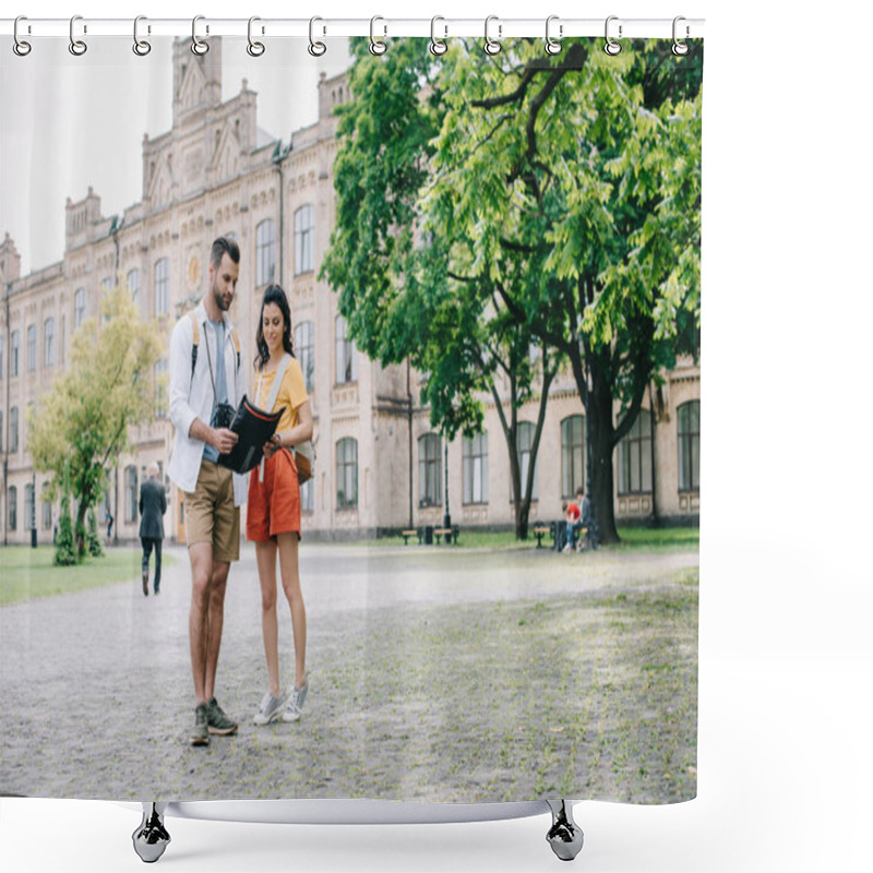 Personality  KYIV, UKRAINE - MAY 28, 2019: Handsome Man And Attractive Girl Standing Near Building With Map  Shower Curtains