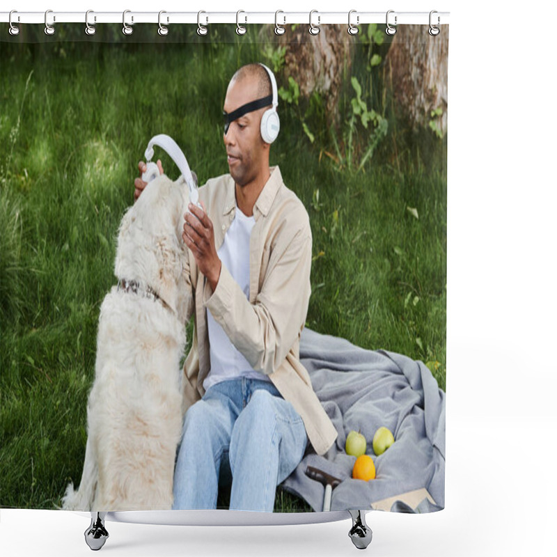 Personality  African American Man With Myasthenia Gravis Sitting On A Blanket, Enjoying Music With Labrador Dog Wearing Headphones. Shower Curtains