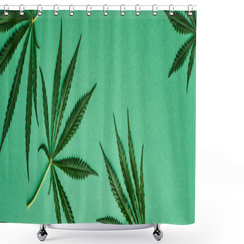 Personality  Top View Of Green Cannabis Leaves On Green Background, Panoramic Shot Shower Curtains