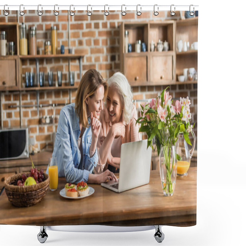 Personality  Women Using Laptop In Kitchen Shower Curtains