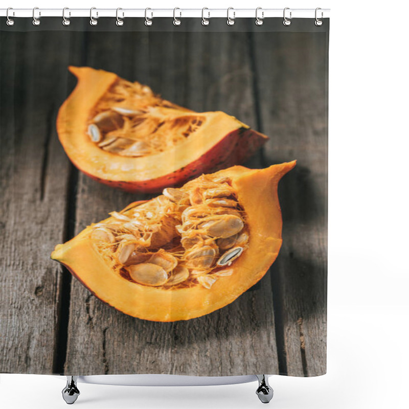 Personality  Close Up View Of Raw Pumpkin Halves On Wooden Background Shower Curtains