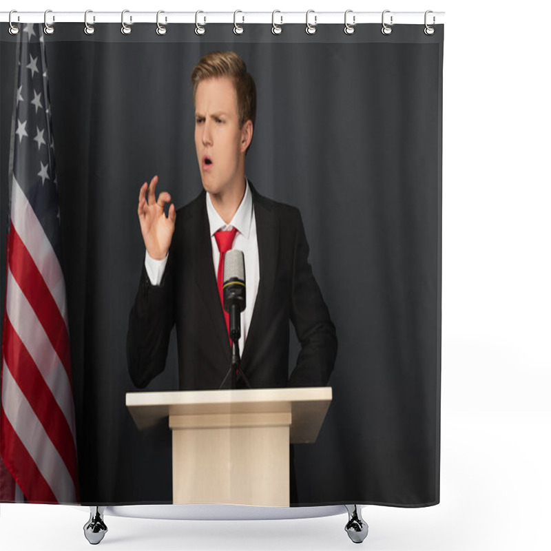 Personality  Emotional Man Gesturing On Tribune With American Flag On Black Background Shower Curtains