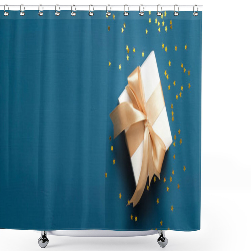 Personality  White Gift Box With Golden Ribbon Bow On Blue Background With Confetti. Christmas Present, Valentine Day Surprise, Birthday Concept. Flat Lay, Top View. Shower Curtains