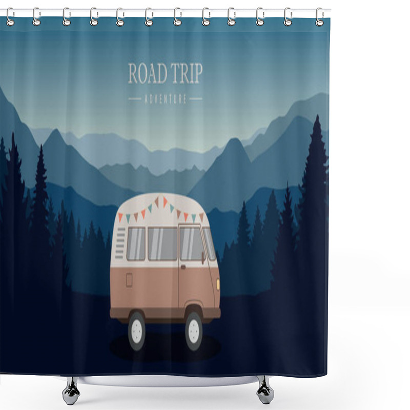 Personality  Road Trip Adventure In The Wilderness With Camper Van Vector Illustration EPS10 Shower Curtains