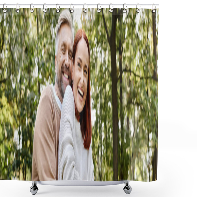 Personality  A Man And A Woman In The Woods, Smiling Lovingly On A Walk. Shower Curtains