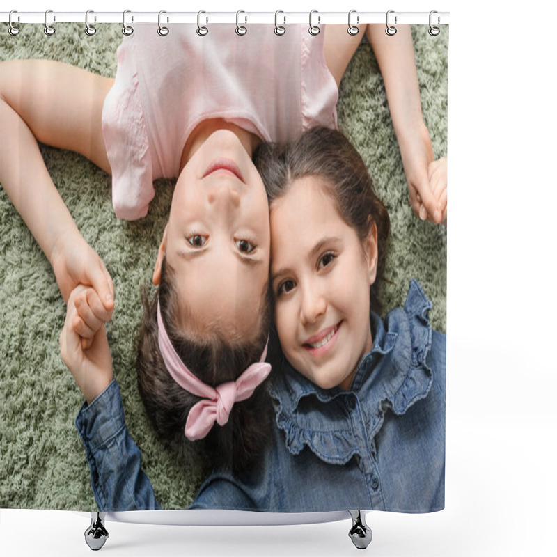 Personality  Portrait Of Cute Twin Girls Lying On Carpet, Top View Shower Curtains