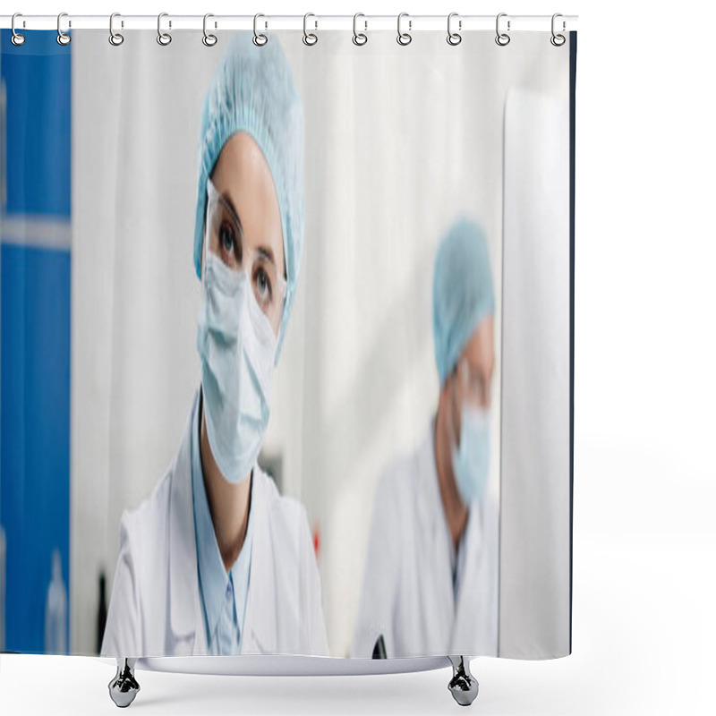 Personality  Panoramic Shot Of Genetic Consultant Looking At Camera In Lab  Shower Curtains