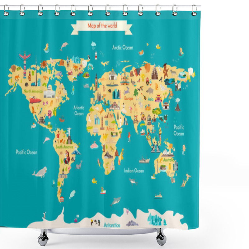 Personality  World Map Vector Illustration With Landmarks. Travel Map With Landmarks, Animals And Sight Of Country.  Shower Curtains