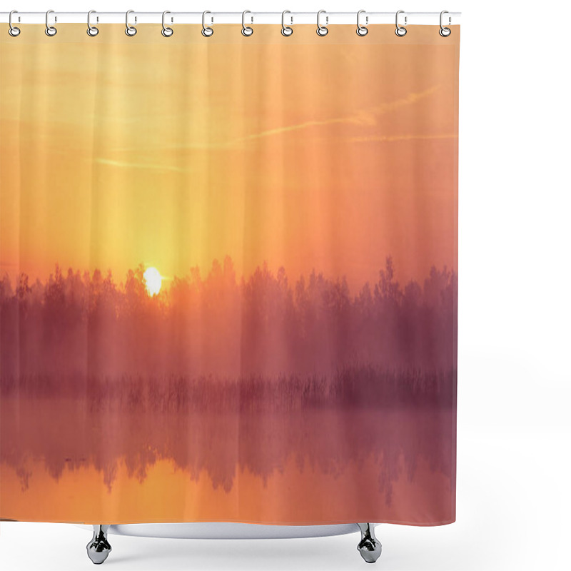 Personality  A Beautiful, Pink Sunrise Ower The Swamp. Sun Rising In Wetlands, Purple Misty Atmosphere. Latvia, Northertn Europe Shower Curtains