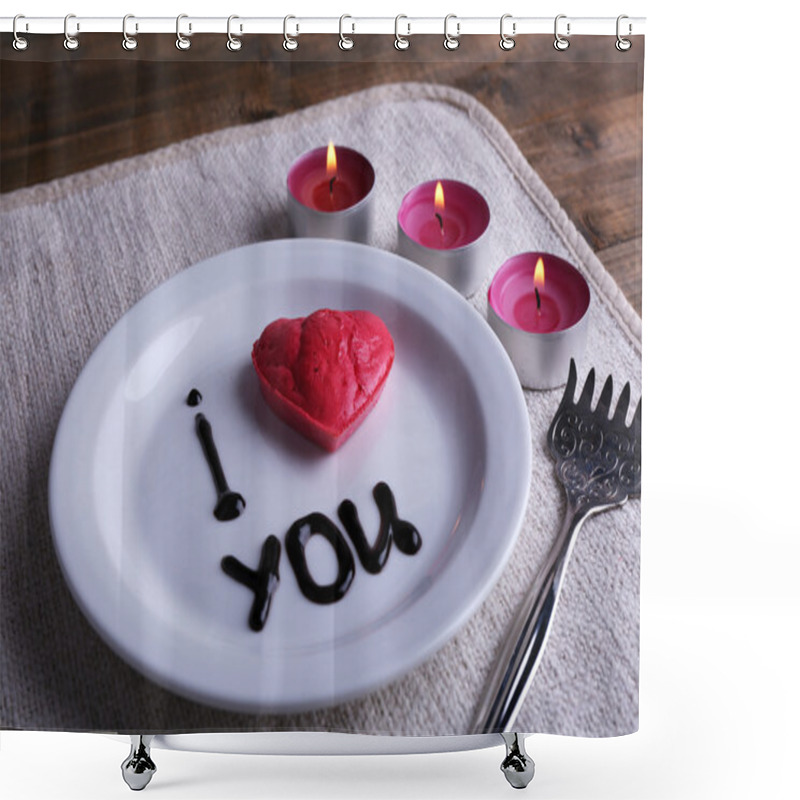 Personality  Cookie In Form Of Heart On Plate With Inscription I Love You, And Candles On Napkin And Wooden Table Background Shower Curtains