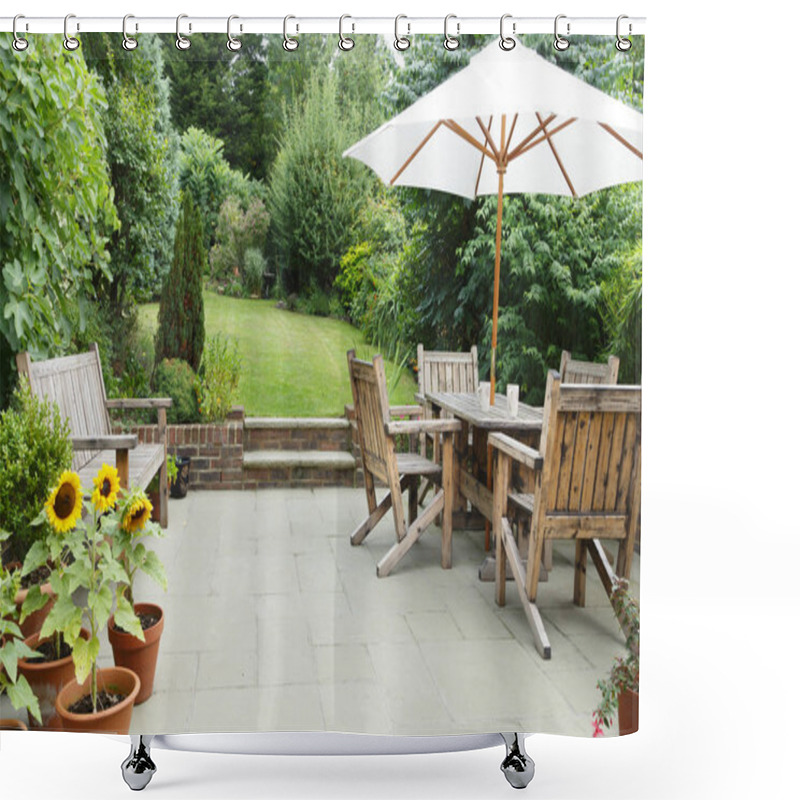 Personality  Patio With Garden Furniture And Parasol Shower Curtains