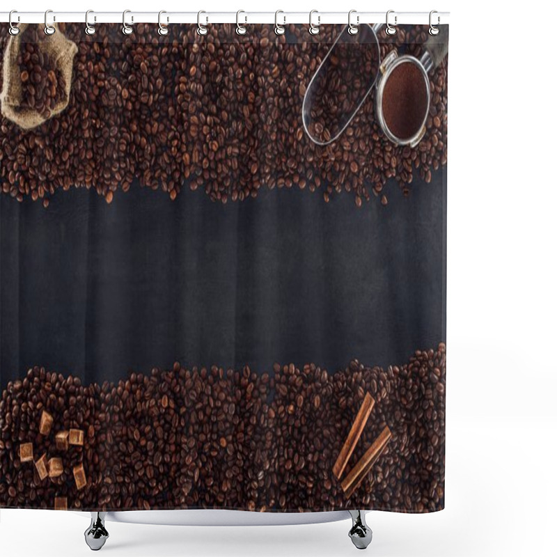 Personality  Top View Of Roasted Coffee Beans, Sackcloth, Coffee Tamper And Scoop. Brown Sugar And Cinnamon Sticks On Black Shower Curtains