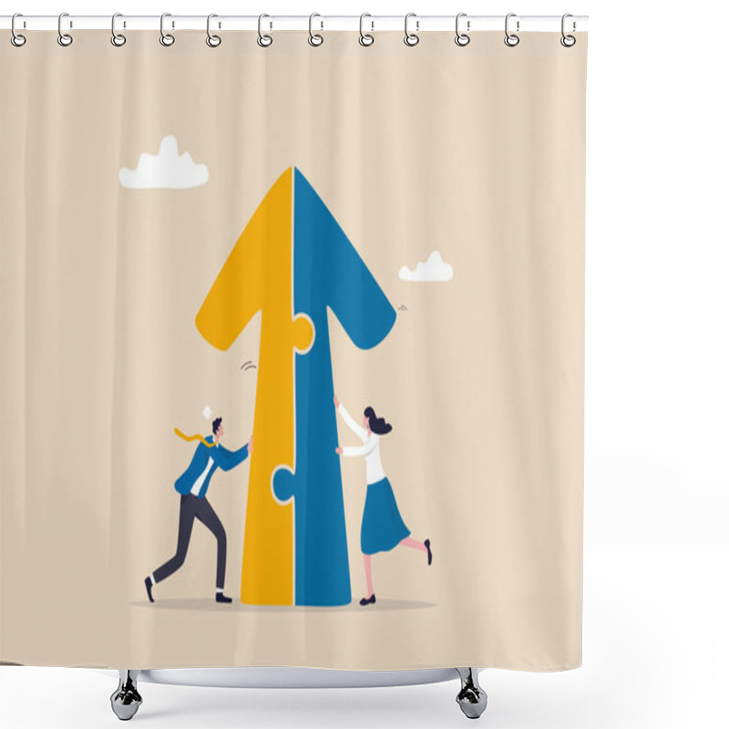 Personality  Merger And Acquisitions, Partnership Or Work Together, Success Puzzle, Growth Solution Or Cooperation, Support Or Progress Challenge Concept, Business People Push Arrow Jigsaw To Join To Success. Shower Curtains